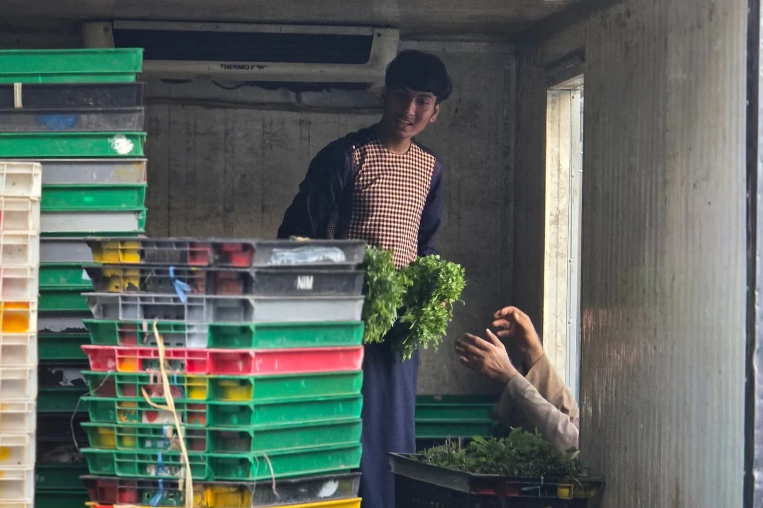 Workers handling stacked fresh-produce crates inside a delivery truck
